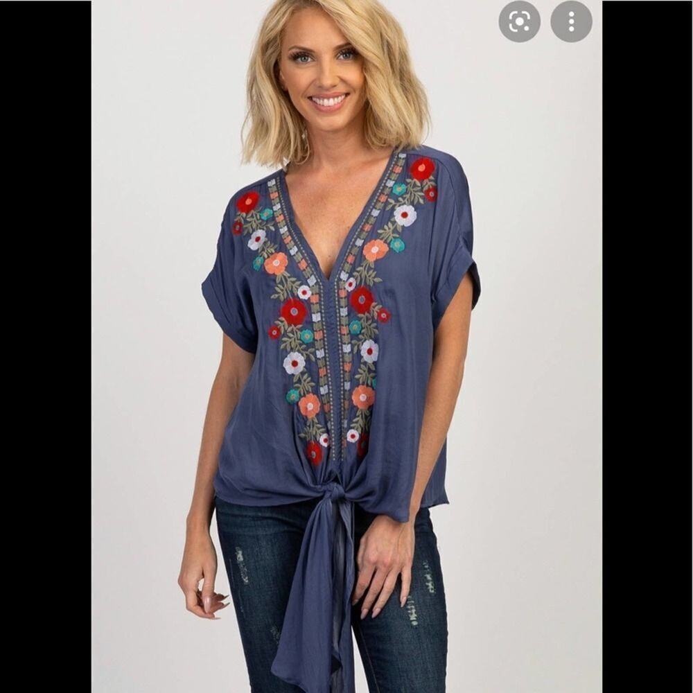 Entro Embroidered Floral Tie Front Top S